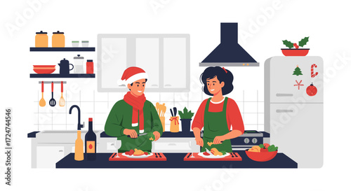 Festive culinary delights A heartwarming illustration of a couple joyfully preparing a Christmas meal in a beautifully decorated kitchen, filled with holiday cheer