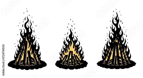 Three stylized bonfires with vibrant orange yellow and purple flames on a vector