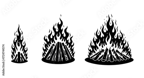 Three bonfires of varying sizes with flames and logs detailed woodcut style vector