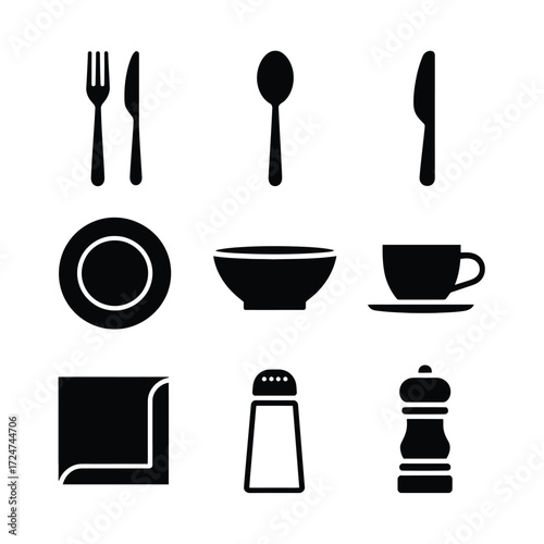 Minimalist vector graphics set of black and white tableware icons for food service and culinary applications vector