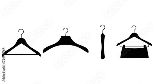 Set of four stylized black clothes hangers displaying different garment types and perspectives vector