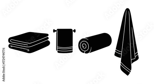 Collection of folded rolled and hanging bath towels silhouette set bathroom accessories vector