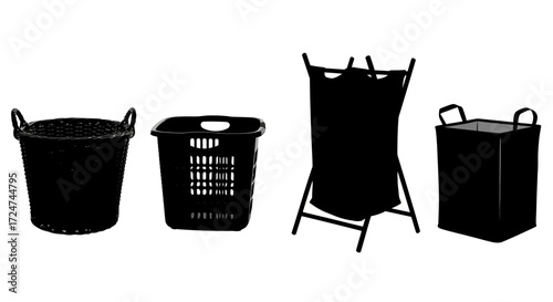 Set of four black plastic laundry baskets and hampers for home organization and storage vector
