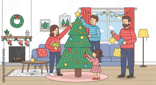 Family joyfully decorates a Christmas tree together, embracing the spirit of the season and creating cherished holiday memories in their cozy home