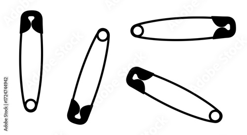 Four safety pins isolated and depicted with bold outlines on a white canvas vector