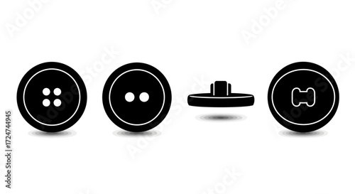 Set of four black classic sewing buttons different views isolated on vector
