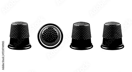 Set of four black thimbles for sewing and crafts isolated on white vector