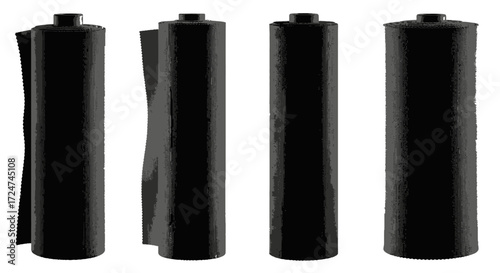Four black cylindrical objects arranged in a row exhibiting a solid dark tone vector