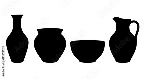 Silhouette collection of four distinct ceramic pottery vessels including jars and pitchers vector