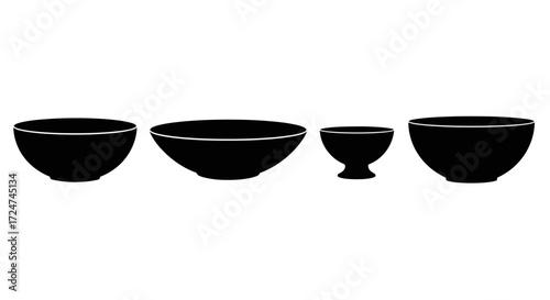 Four black ceramic bowls of varying sizes displayed in a row vector