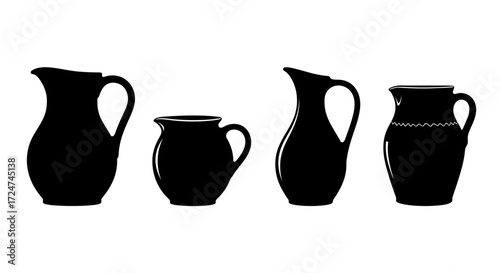 Collection of four black silhouette ceramic pitchers and jugs isolated on white vector