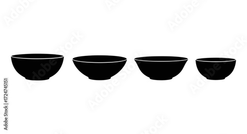 Four glossy black ceramic bowls in graduated sizes side by side studio shot vector