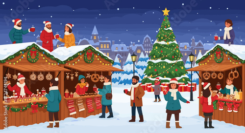 People gathering at a festive Christmas market on a snowy winter evening, enjoying warm drinks by decorated stalls and a large holiday tree
