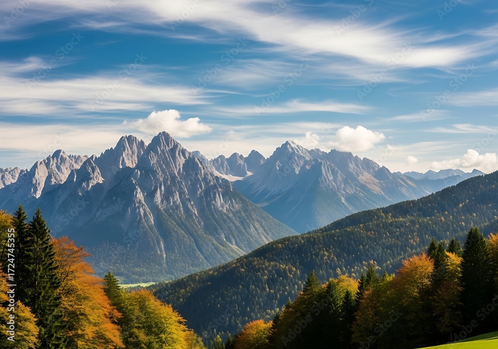 Fototapeta premium Panoramic view of magnificent mountains under a partly cloudy daytime sky