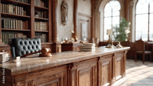 Ornate Gavel on Wooden Desk in Legal Office with Bookshelves and Natural Light