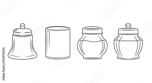 Four glass jars collection featuring elegant lids and simple containers for storage and display vector