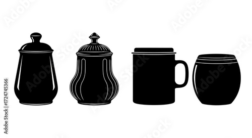 Four black ceramic kitchen containers sugar bowl mug jar set for baking and storage vector