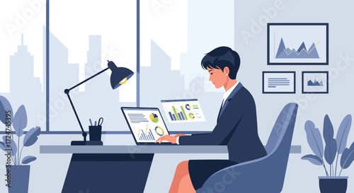 Businesswoman working at a desk with laptop and charts, illustrating financial analysis and productivity in a modern office environment with city skyline view