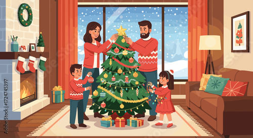 Happy family decorating a festive Christmas tree together in a cozy living room. A heartwarming winter holiday illustration of togetherness