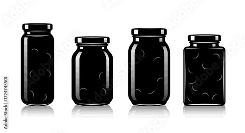 Four small dark glass jars arranged in a row showing different shapes and sizes vector