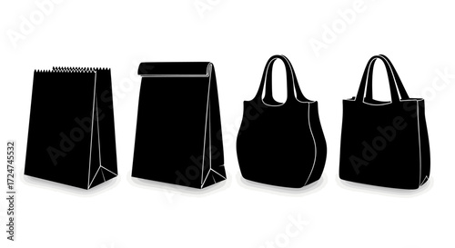 Four black fashion handbags and tote bags displayed in a clean studio setting vector