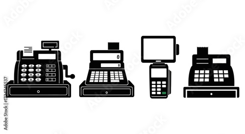Set of vintage and modern cash registers and point of sale systems icons on white vector