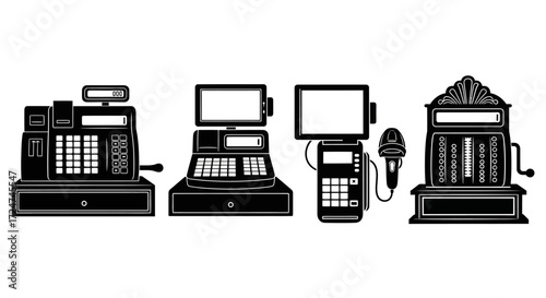 Vintage and modern cash registers and payment terminal collection for retail commerce vector