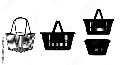 Collection of four black shopping baskets with handles various styles and sizes vector