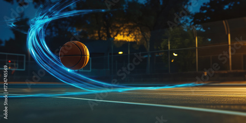 Dynamic basketball flying low angle action shot with blue light trails sports event motion achievement abstract commercial background blurred stadium cheering fans for poster design and digital market
