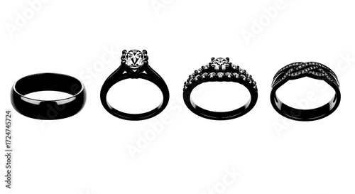 Four rings displayed in a row showing different styles of engagement and wedding bands vector