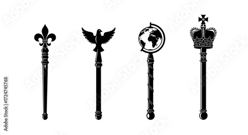 Royal scepters collection symbols of power authority crown globe eagle fleur de lis vector