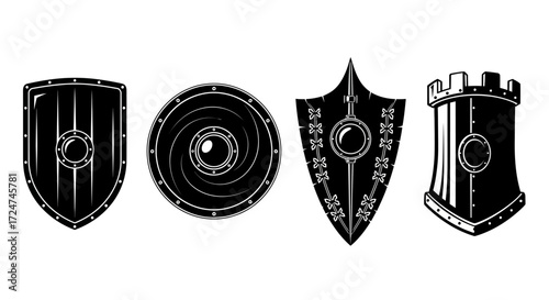 Collection of four medieval shields and castle tower elements in a hand-drawn style vector