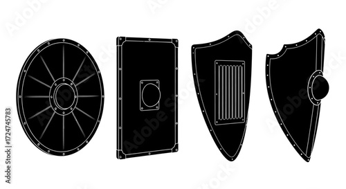 Collection of four ancient roman shields various shapes and designs displayed together vector