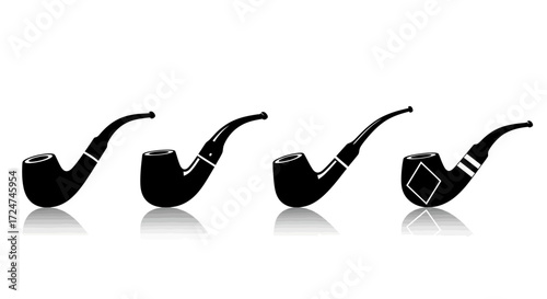 Four classic black smoking pipes displayed in a row with subtle reflections on white vector