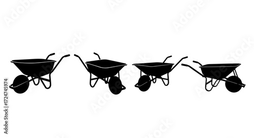 Four silhouette wheelbarrows set for gardening and construction work supplies vector