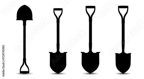 Four silhouette garden shovels and spades isolated on for gardening and construction vector