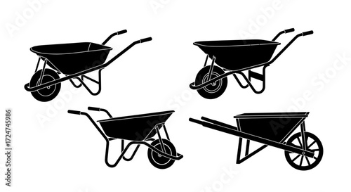 Collection of four diverse wheelbarrow silhouettes for garden construction and yard work designs vector