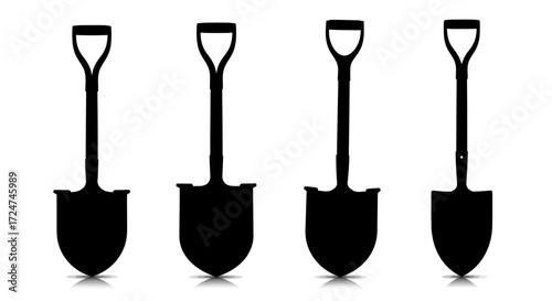 Row of four black silhouette shovels ready for gardening and construction work vector