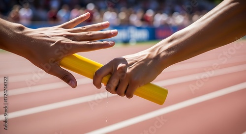 Relay race baton exchange with water droplets on a sunlit track