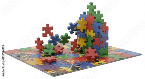鮮やかパズル 創造的空間 カラフルなピースが輝く. AI Generated