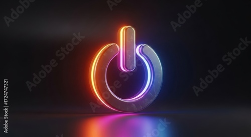 Glowing neon power button symbol on dark background