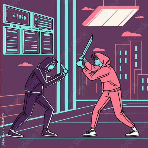 Two futuristic fighters dueling with glowing weapons in a cyberpunk city