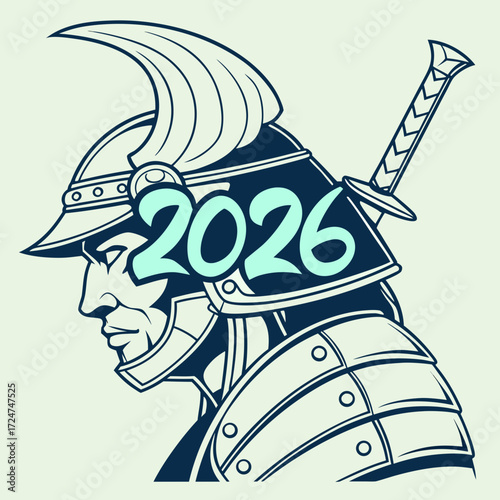 Samurai warrior with 2026 year text on helmet