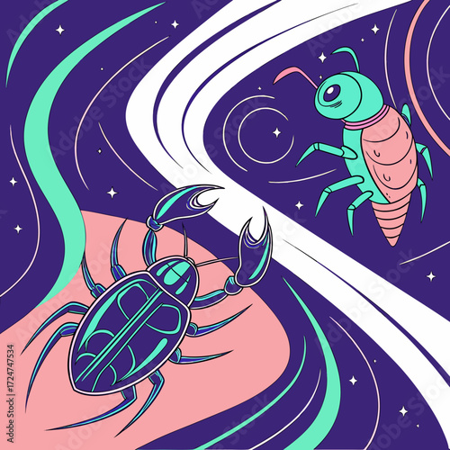 Scorpion and bug in space, zodiac sign, astrology, horoscope concept