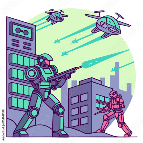 Robots fighting drones in a futuristic city on