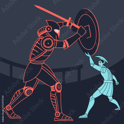 Futuristic robot gladiator fighting a spartan warrior in the arena