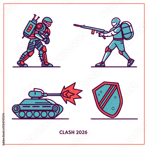 Futuristic clash 2026 with soldiers and tank