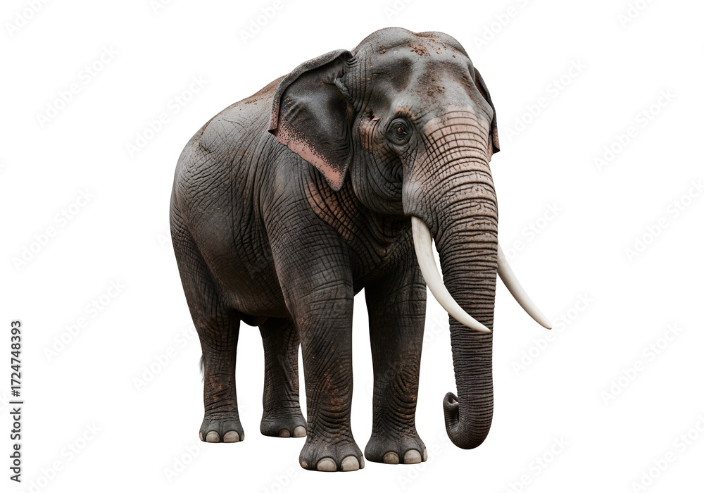 Fototapeta premium A full shot of an elephant, its gray skin textured and detailed, set against a plain black background.