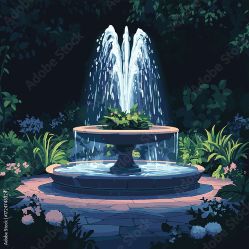 Illuminated water fountain with a stunning spray of light in a tranquil, atmospheric garden scene at night , vector style simple color