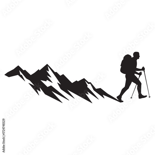 Hiker silhouette against jagged mountain range vector